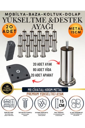 40'lı Set 20 Adet Ayak ve Aparat 15 Cm M8 Vidalı Metal Krom Ayak Mobilya Ayağı Baza Ayağı Kanepe Ayağı Koltuk Ayağı Yatak Ayağı Yükseltme Ayağı Dolap Ayak Sehpa Sandık Ayakları Değişim Destek Ayağı