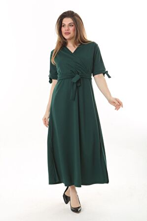 Büyük Beden Uzun Yırtmaçlı Kruvaze Yaka Elbise 15D-2504