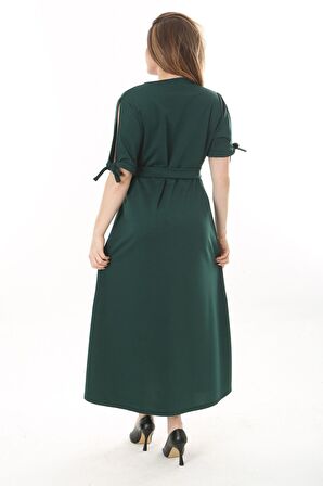 Büyük Beden Uzun Yırtmaçlı Kruvaze Yaka Elbise 15D-2504