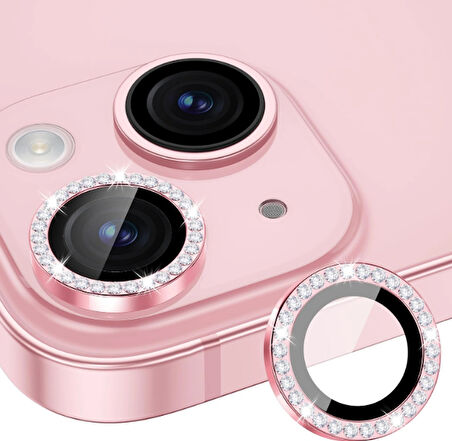 iPhone 15 / 15 PLUS için Kamera Koruyucu Taşlı ve Metal Lens Koruyucu Pembe