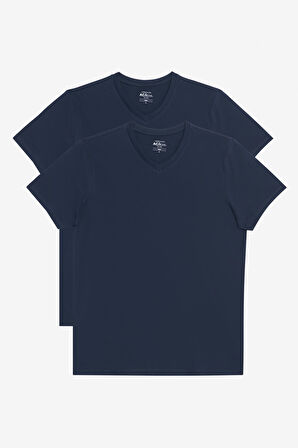 2'li Slim Fit Dar Kesim V Yaka %100 Pamuk Tişört