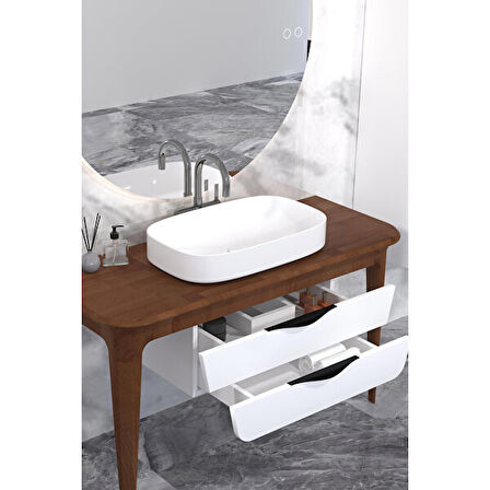 BREZZA 130 CM MASİF TEZGAH BEYAZ LAVABOLU BANYO DOLABI - BOY DOLAP VE RAF MODÜL HARİÇ