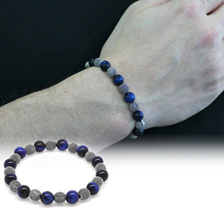 Mavi Kaplangözü Metal Kombinli Küre Kesim Doğaltaş Bileklik