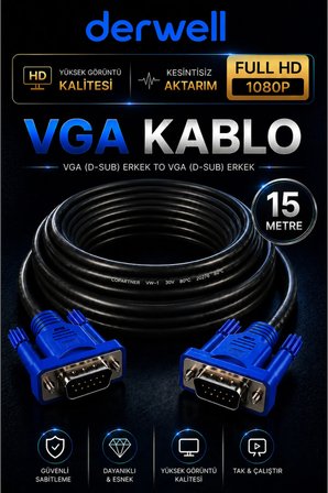15 Metre VGA Kablo Full HD 1080P Kesintisiz Aktarım D-Sub Erkek To Erkek Altın Uçlu Dayanıklı Monitör Projeksiyon Bilgisayar Ekran Görüntü Aktarıcı Kablosu Çift Vidalı Güvenli Sabitleme