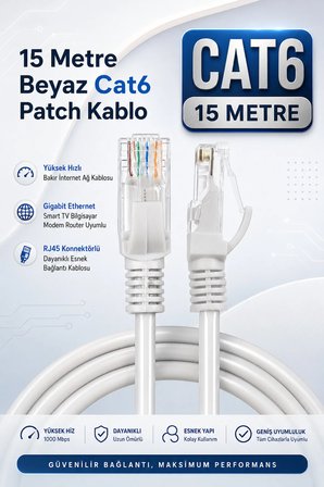 15 Metre Beyaz Cat6 Patch Kablo Yüksek Hızlı Bakır İnternet Ağ Kablosu Gigabit Ethernet Smart TV Bilgisayar Modem Router Uyumlu RJ45 Konnektörlü Dayanıklı Esnek Bağlantı Kablosu Kablosu