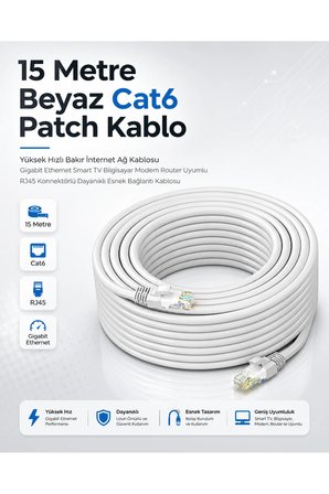 15 Metre Beyaz Cat6 Patch Kablo Yüksek Hızlı Bakır İnternet Ağ Kablosu Gigabit Ethernet Smart TV Bilgisayar Modem Router Uyumlu RJ45 Konnektörlü Dayanıklı Esnek Bağlantı Kablosu Kablosu