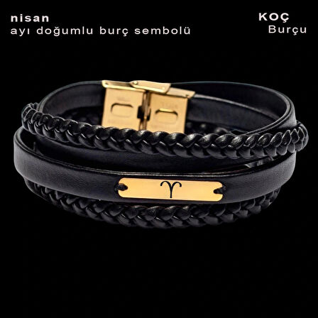 İlkbaharın Taze Havası, Siyah Deri Örgülü ve 14 Ayar Altın Kaplamalı Dikdörtgen Motifli Nisan Bilekliği