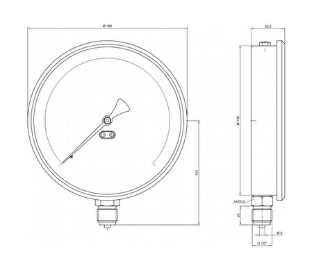 Pakkens 0-2.5 Bar 160 mm Alttan Bağlantılı Kuru Manometre G 1/2 inç