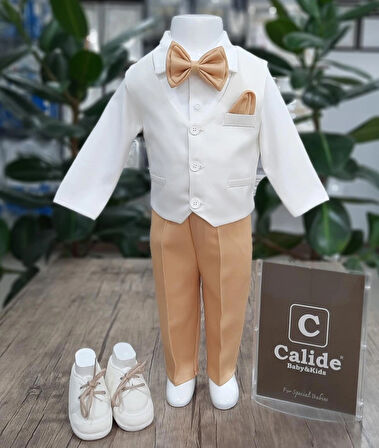 Erkek Bebek Kravat-papyonlu Mevlüt Takımı / Mevlütlük Takım/Ekru-Hardal