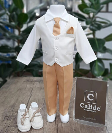 Erkek Bebek Kravat-papyonlu Mevlüt Takımı / Mevlütlük Takım/Ekru-Hardal