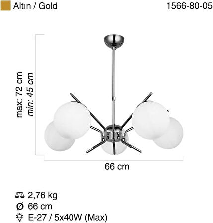 Petos 5'li Krom Sarkıt Avize Oturma Odası Avize Salon Avize Camlı Avize Tavan Avize
