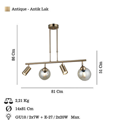 Kero 2+2 Antık Lak Sıralı Avize Oturma Odası Avize Salon Avize Camlı Avize Tavan Avize