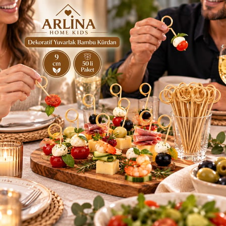Dekoratif Yuvarlak Bambu Kürdan 9 cm 50'li Paket 