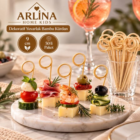 Dekoratif Yuvarlak Bambu Kürdan 9 cm 50'li Paket 