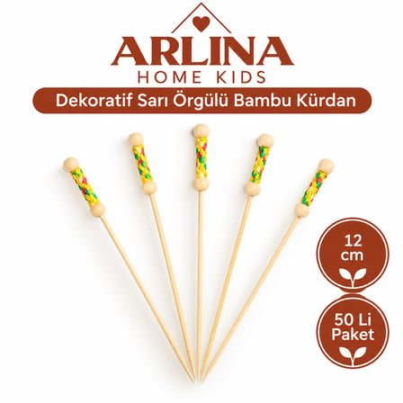 Dekoratif Sarı Örgülü Bambu Kürdan 12 cm 50'li Paket