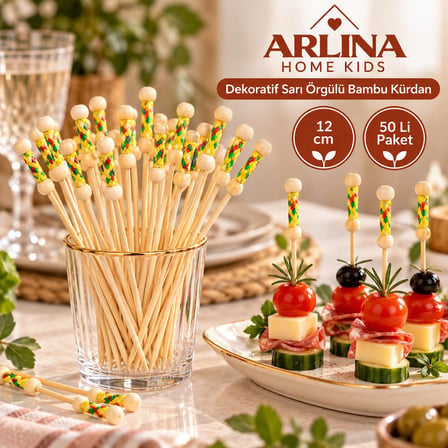 Dekoratif Sarı Örgülü Bambu Kürdan 12 cm 50'li Paket