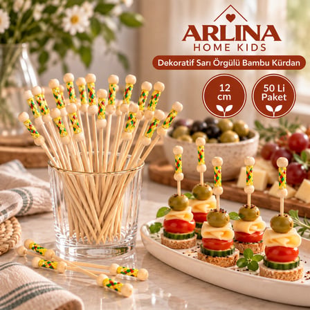 Dekoratif Sarı Örgülü Bambu Kürdan 12 cm 50'li Paket