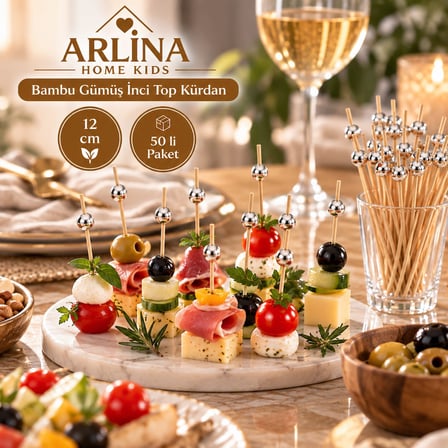 ARLİNA HOME KIDS – Bambu Gümüş İnci Top Kürdan 12 CM 50'li