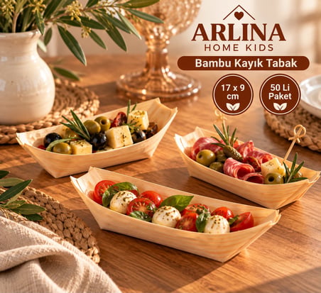  17*9 CM Bambu Kayık Sunum Tabağı 50 li paket
