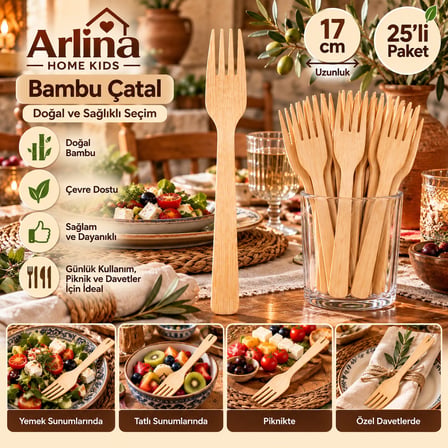 Arlina Home Kids Bambu Çatal 17 cm 25'li Paket Doğal Ahşap