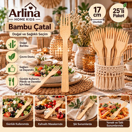 Arlina Home Kids Bambu Çatal 17 cm 25'li Paket Doğal Ahşap