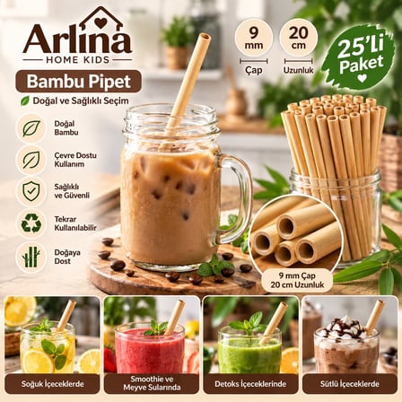 Tekrar Kullanılabilir  Doğal Bambu Pipet 20 Cm  Pipet 25Li Paket