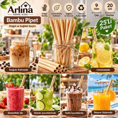 Tekrar Kullanılabilir  Doğal Bambu Pipet 20 Cm  Pipet 25Li Paket