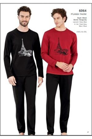 6064 Erkek Uzun Kollu Bisiklet Yaka Pijama Takımı-bordo