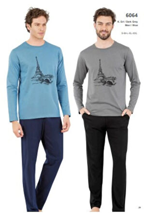 6064 Erkek Uzun Kollu Bisiklet Yaka Pijama Takımı-bordo