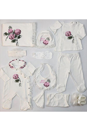 Natural Işlemeli Çiçek Desenli Hastane Çıkış Seti 10'lu 5456