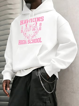 Hawkins Lisesi 1986 Desen Erkekler Temel Kapüşonlular Cep Vintage Üstler Günlük Moda Uzun Kol