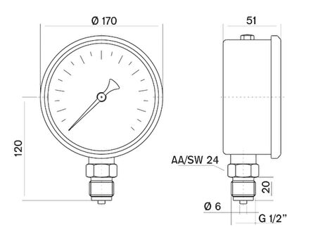 Pakkens 0-2.5 Bar 160 mm Alttan Bağlantılı Gliserinli Manometre G 1/2 inç