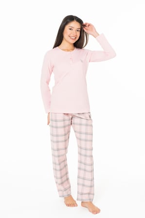Kadın Uzun Kollu Altı Kareli Pijama Takımı S26169 Bisiklet yaka düğmeli 