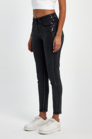 Explode - Kadın Siyah Varaklı 5 Cep Likralı Kot Pantolon