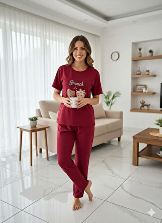 KADIN BORDO BRUNCH PİJAMA TAKIMI