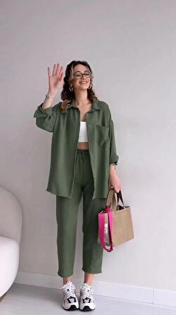 Barbora Keten Günlük İkili Takım Elbise Pantolon Gömlek Ln21haki9