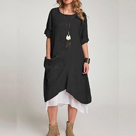 Barbora Keten Yazlık Günlük Tasarım Kadın Elbise bt263siyah4