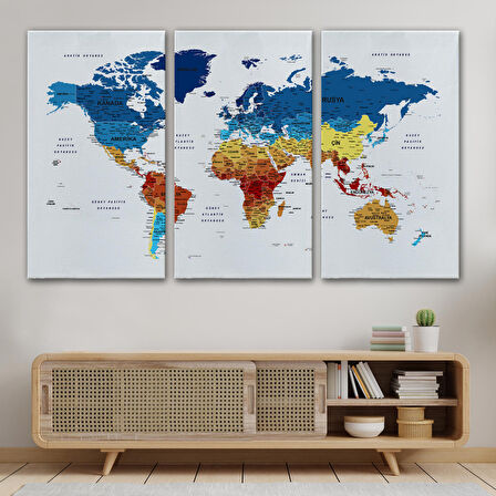 Harita Sepeti Türkçe Dünya Haritası Dekoratif Kanvas Tablo Son Derece Detaylı 1604