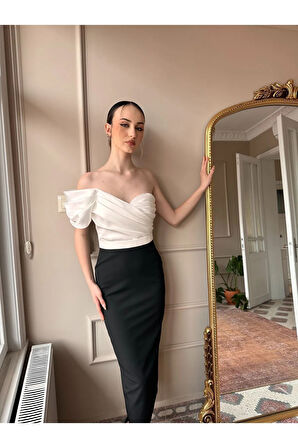 Tek Omuz Çift Renk Midi Boy Abiye Elbise