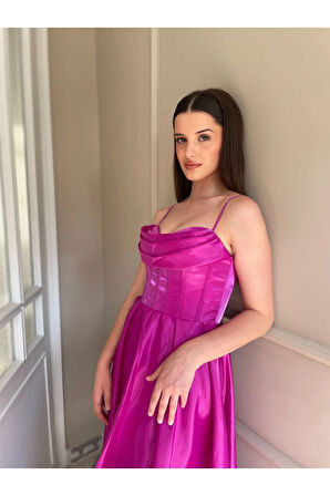 Organze Saten Midi Boy Askılı Elbise
