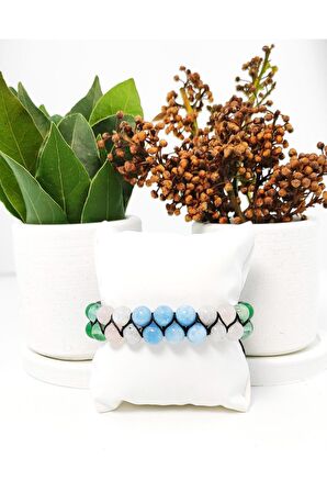 Akuamarin Aytaşı Pembe Kuvars Ametist Lapis Lazuli Florit Aventurin Çift Sıra Örme Bileklik