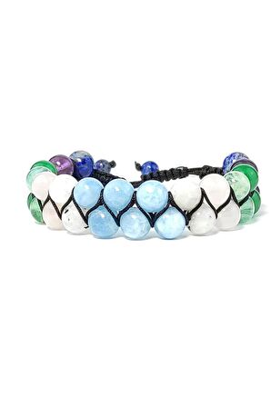 Akuamarin Aytaşı Pembe Kuvars Ametist Lapis Lazuli Florit Aventurin Çift Sıra Örme Bileklik