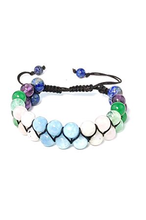 Akuamarin Aytaşı Pembe Kuvars Ametist Lapis Lazuli Florit Aventurin Çift Sıra Örme Bileklik