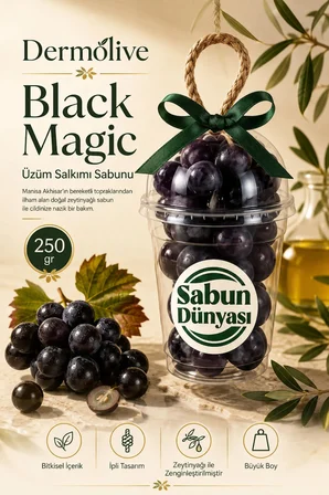 Black Magic Üzüm Salkımı Sabunu 250 gr, İpli Bitkisel Kalıp Zeytinyağı ile Zenginleştirilmiş Bitkisel Kalıp Sabun, Günlük El Yüz Vücut Temizliği - 1 Adet