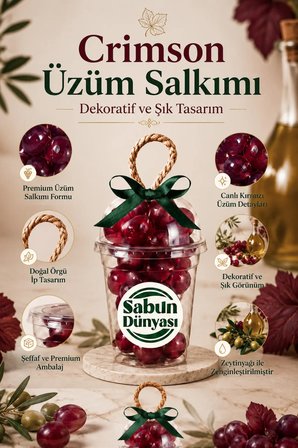 Crimson Üzüm Salkımı Sabunu 250 gr, İpli Bitkisel Kalıp Zeytinyağı ile Zenginleştirilmiş Bitkisel Kalıp Sabun, Dekoratif Günlük El Yüz Vücut Temizliği - 1 Adet