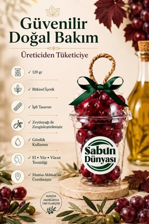 Crimson Üzüm Salkımı Sabunu 250 gr, İpli Bitkisel Kalıp Zeytinyağı ile Zenginleştirilmiş Bitkisel Kalıp Sabun, Dekoratif Günlük El Yüz Vücut Temizliği - 1 Adet