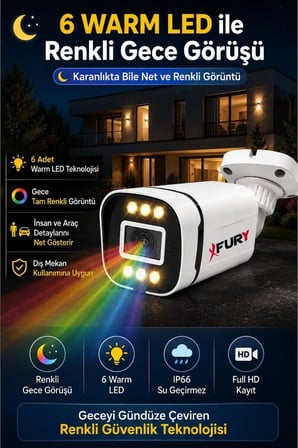 FURY 5MP Lens 1080P 6 Warm LED Renkli Gece Görüşlü IP66 Dış Mekan Geniş Açılı Güvenlik Kamerası