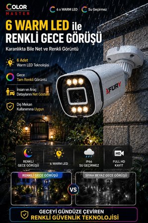 FURY 5MP Lens 1080P 6 Warm LED Renkli Gece Görüşlü IP66 Dış Mekan Geniş Açılı Güvenlik Kamerası