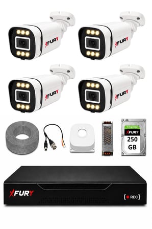 FURY 4 Kameralı 5MP Lens 1080P 6 Warm LED Renkli Gece Görüşlü Güvenlik Kamera Sistemi 250GB 1606