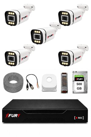 FURY 5 Kameralı 5MP Lens 1080P 6 Warm LED Renkli Gece Görüşlü Güvenlik Kamera Sistemi 500GB 1606
